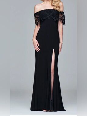 Faviana Glamour Black Lace Off-Shoulder Evening Gown